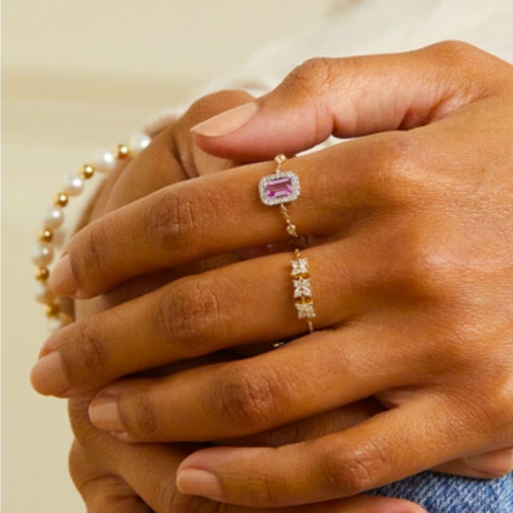 14K Gold, Pink Sapphire, Diamond Ring - One size chain